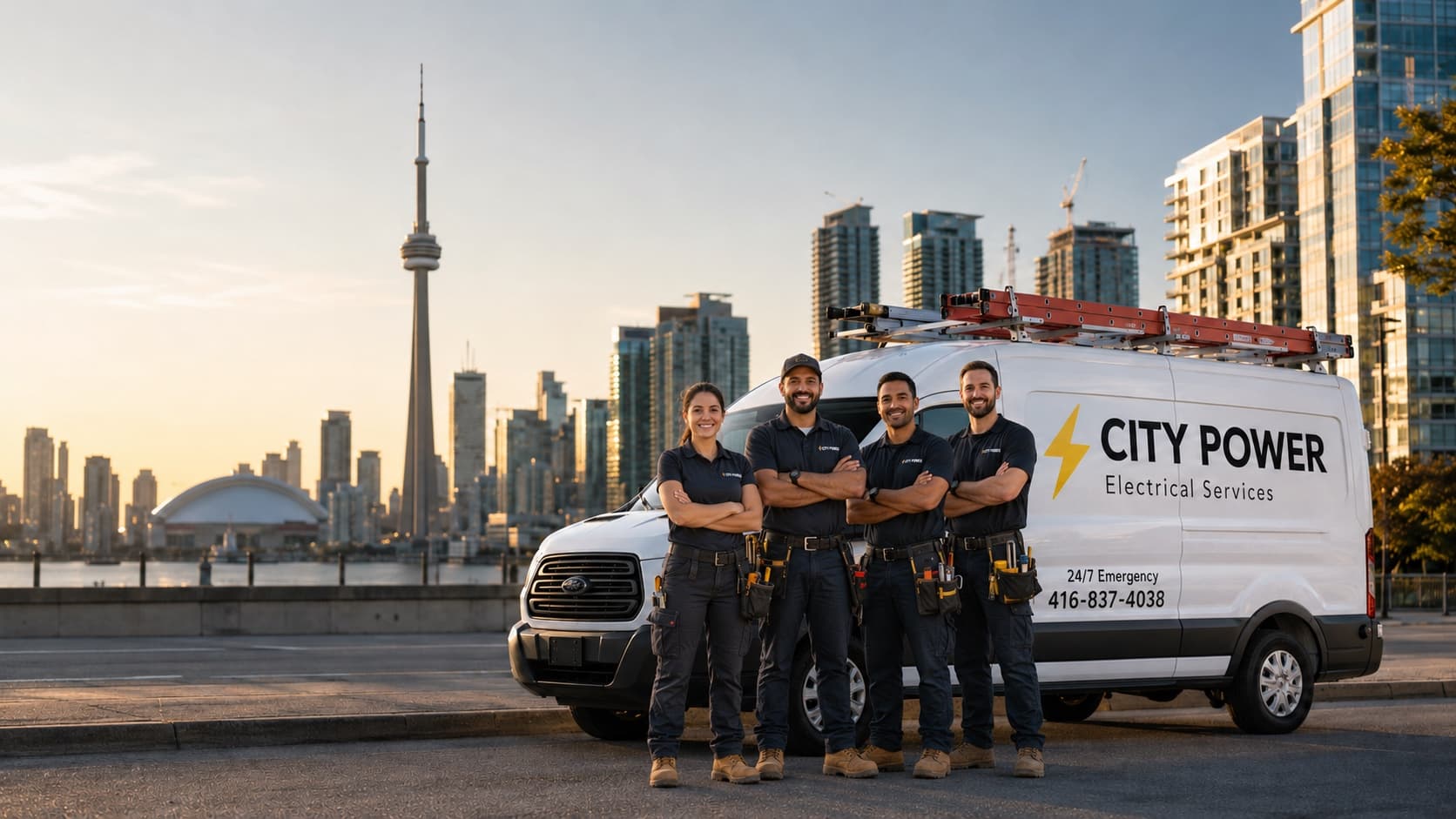 City Power Electrical Services team in front of a branded service van with the Toronto skyline and CN Tower behind them